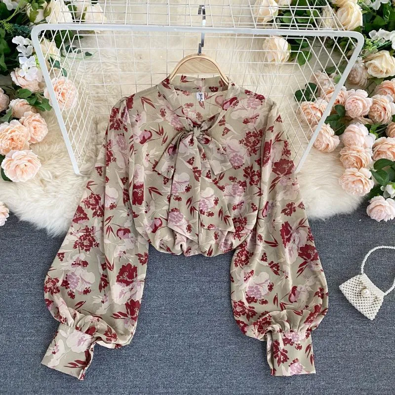 Women's French Retro Blouse Lady's Shirts Autumn O-Neck Bow Long Sleeve Floral Fairy All-match Shirt Female Blusa PL489 210506