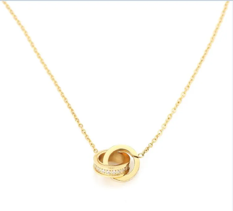 Les couples adorent le collier pendentif pour lui et son collier pour hommes Gold Femmes en acier inoxydable double anneau complet CZ deux rangées Diamond Pendan284J