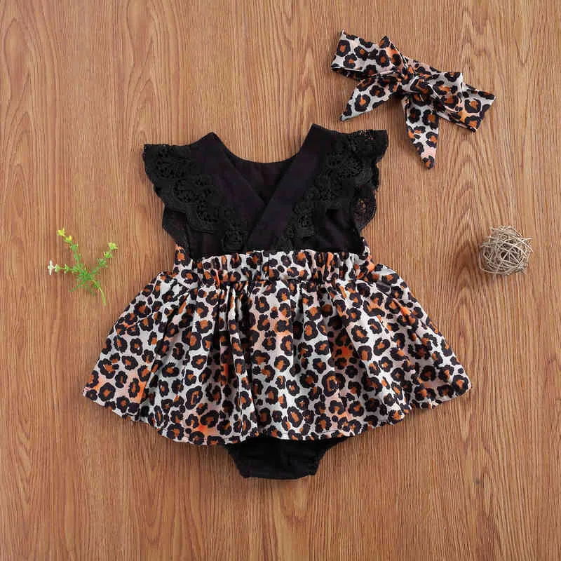 Pudcoco Newborn Baby Girl Clothes Splicing Leopard Print O-Neck Backless Lace Ruffle Romper Jumpsuit Headband Outfits Set G1221