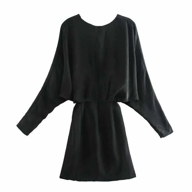 Za Satin Pleated Mini Dress Women Long Sleeve V Neck Black Office Lady Dresses Female Fashion Back Hidden Zip Vestido 210602