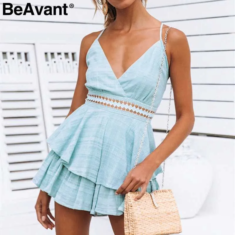 BeAvant V-neck sexy women summer jumpsuit rompers Backless lace up cotton jumpsuit short Casual strap female beach playsuit 210709