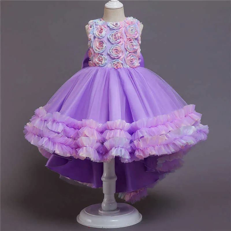 Mariage Filles Princesse Robe Élégante Enfants Fleur Dentelle Maille Longue Queue Robe De Bal Pour Enfants Soirée Demoiselle D'honneur Tutu Robes Q0716