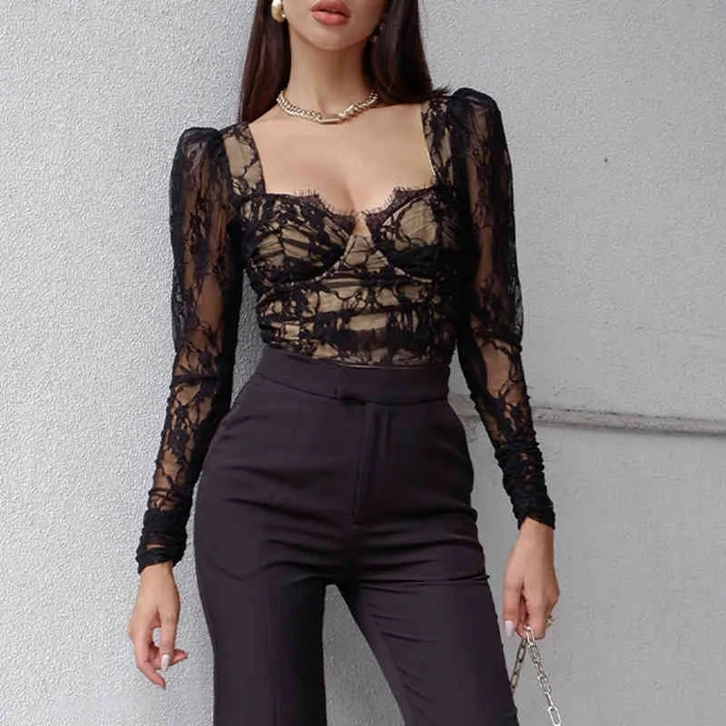 Women Lace Tee Shirt Sexy Ladies Floral Embroidery Deep V Neck Slim Mesh Gothic Tops Patchwork Black Casual Club Party Wear 210517