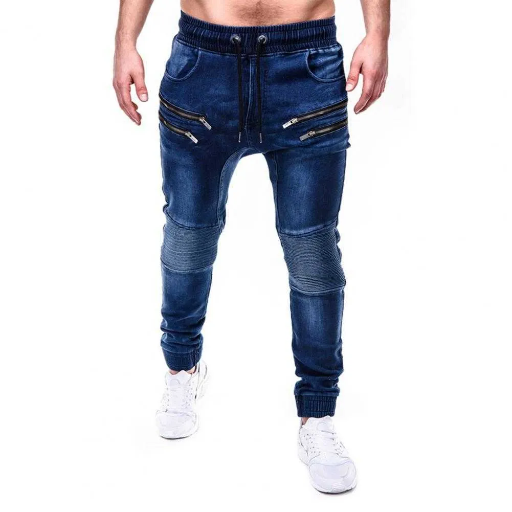 Calças de brim masculinas casuais com zíper bolsos de cordão correndo calças skinny jeans jogger calças azul jeans homem jens homens fashions azul x0226v