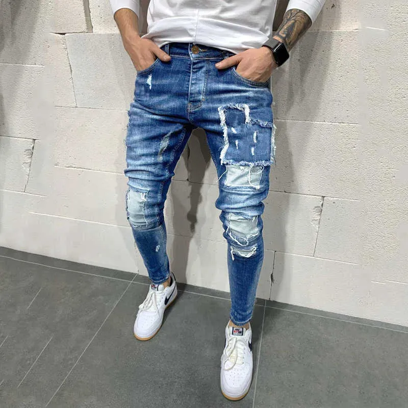 2021 New European Size Mäns Ripped Slim Patch Jeans Mäns Casual Pants X0621