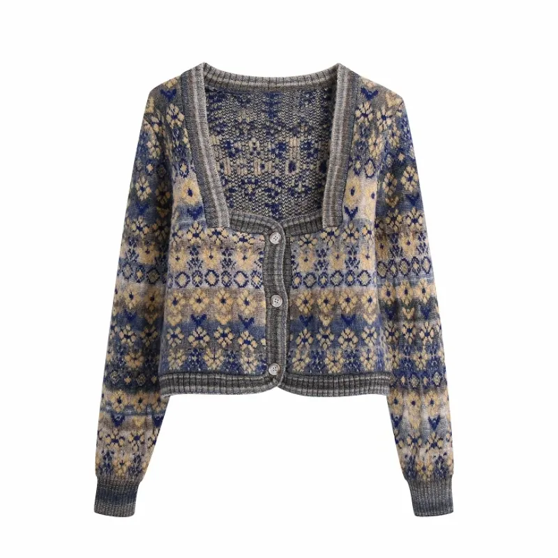 Mode kvinnor fyrkantig krage jacquard stickning kort tröja kvinnlig långärmad pullover casual lady lösa toppar sw1150 210430