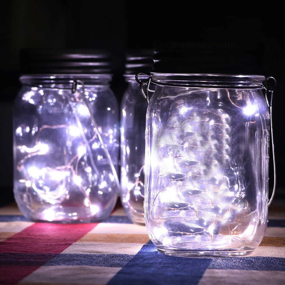 2m 20 LED-strängljus Solar Powered för Mason Jar Lock Infoga Färgväxling Trädgård Vattentät Juldekorationer Garland Y0720