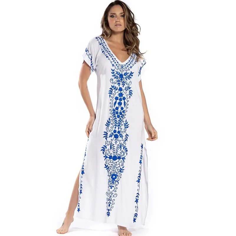 Embroidery Cotton Beach Cover up Saida de Praia Swimsuit Women Bikini cover up Tunics for Beach Pareo Sarong Beachwear 210319