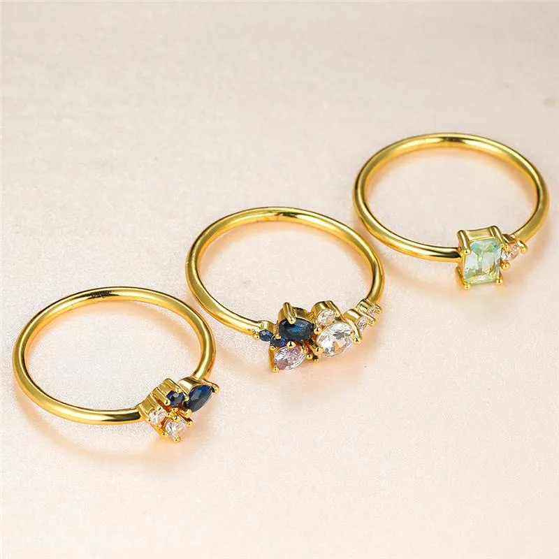 Hochzeit Ringe Niedliche Weibliche Weiß Blau Kristall Ring Set Gelbgold Farbe Für Frauen Luxus Braut Runde Quadrat Oval Engagement199b