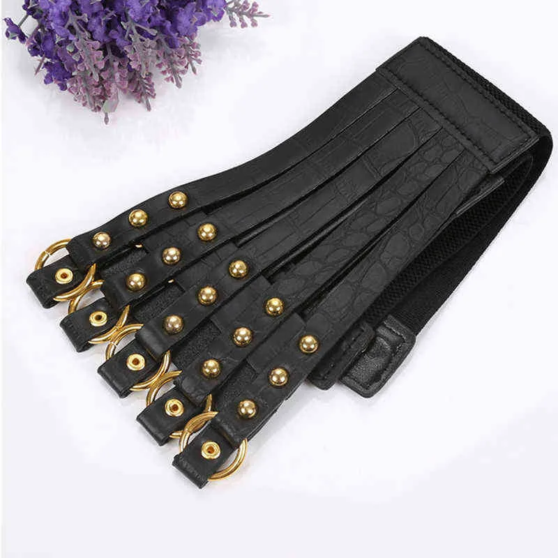 2022 Vintage Metal Ring Belt Gold Ladies Women Belts Female Fashion Rivet Wide Waist Elastic 5 Straps PU Belt G220301