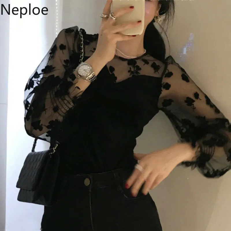 Neploe Sexy Lady Blouses Femmes Nouvelle Arrivée Vêtements Coréens Chemise Gaze Patchwork Tops Voir À Travers Blouse Chic Floral Blusas 210323