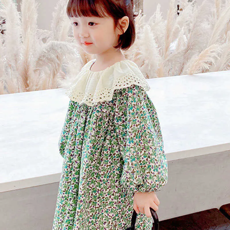Spring Summer Girls' Dress Korean Style Long Puff Sleeve Floral Cute Doll Collar Baby Kids Children'S Clothing For Girl 210625
