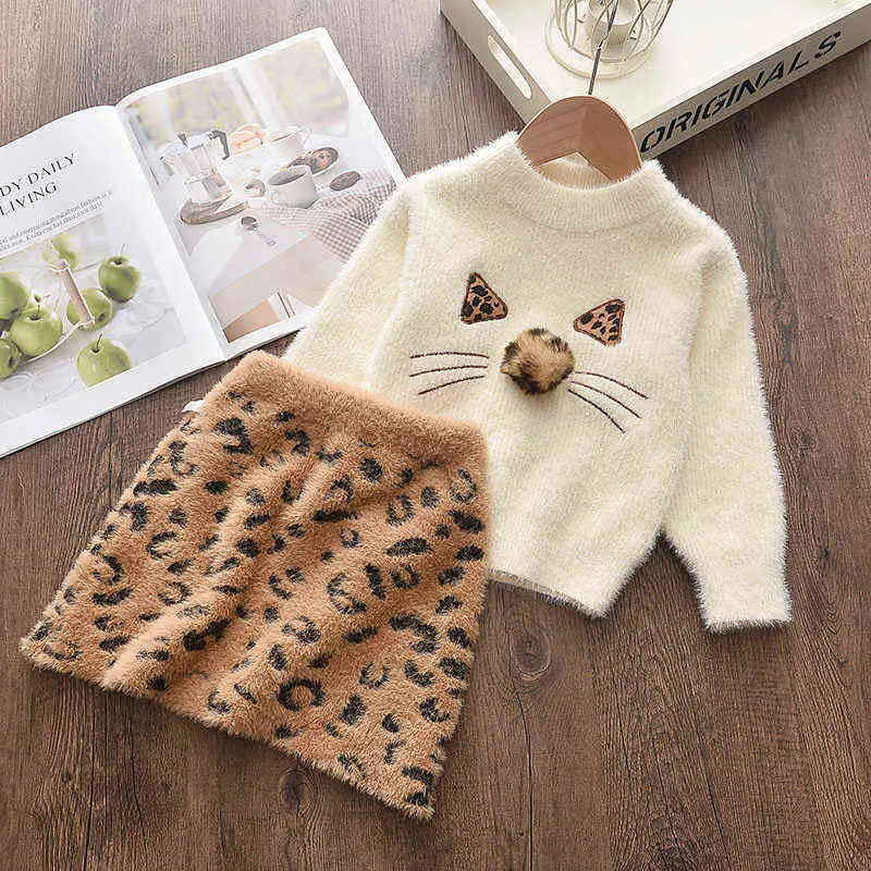 Bear Leader Baby Girls Sweater Clothing Outfit est Winter Knitted Ruffles Solid Color Casual Top Suspender Skirt 211224