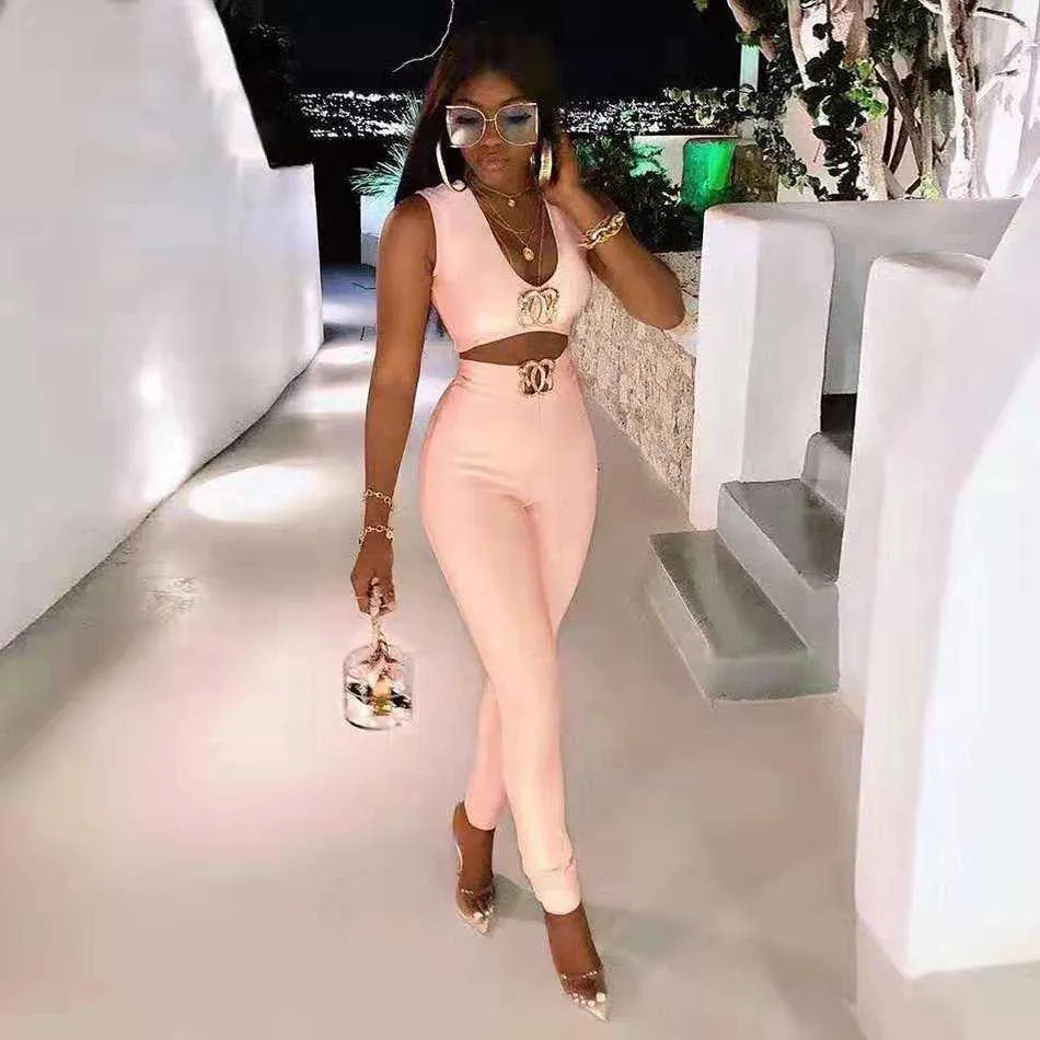Summer Women'S Bandage Two-Piece Sexy Top + Pencil Trousers Metal Diamond Buckle Club Party Suit 210527