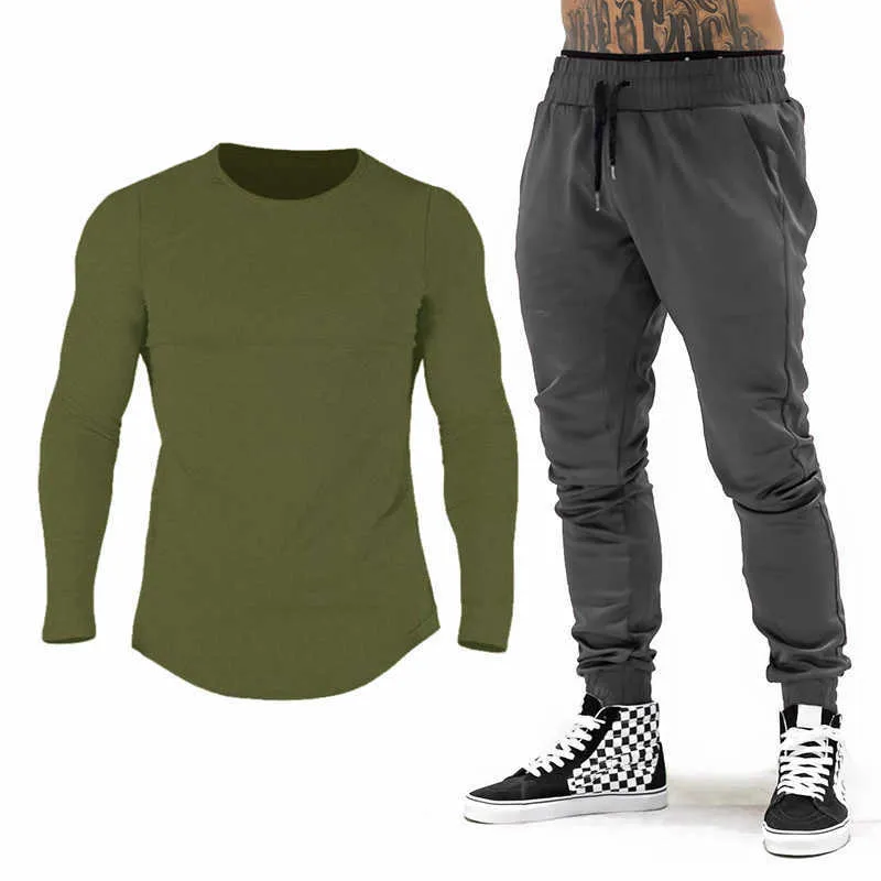Marka GYM Giyim Eşofman Erkekler Pamuk Uzun Kollu T-Shirt + Joggers Pantolon Erkekler Vücut Geliştirme Spor Koşu Sweatpant Sweatsuit X0610