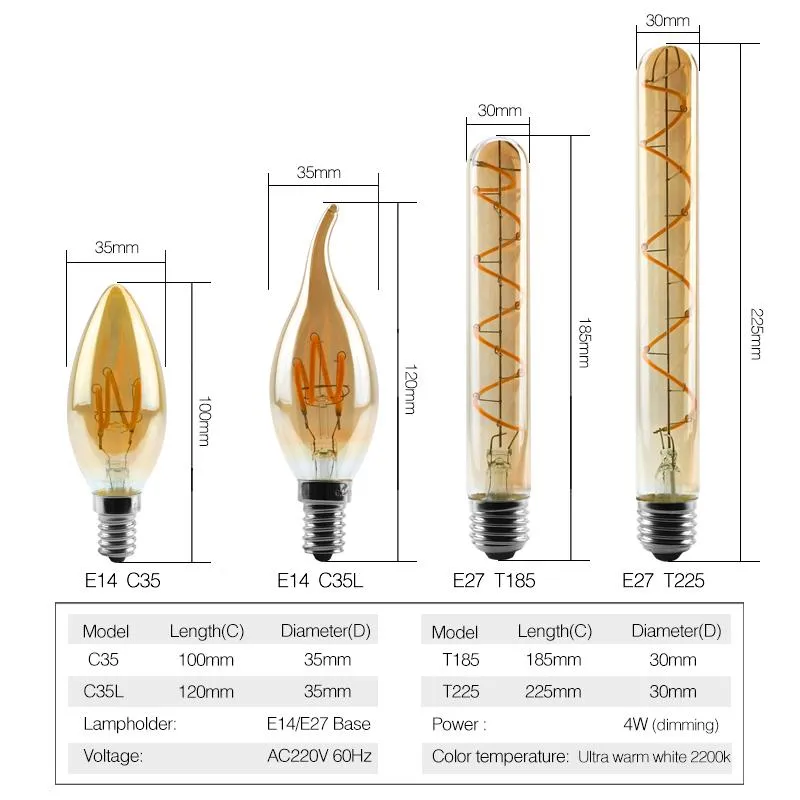 المصابيح LED خيوط اللقاء C35 T45 ST64 G80 G95 G125 SPORAL LIGHT 4W 2200K RETRO VINTAGE LAMPS DISCITITION EDISON LA289C