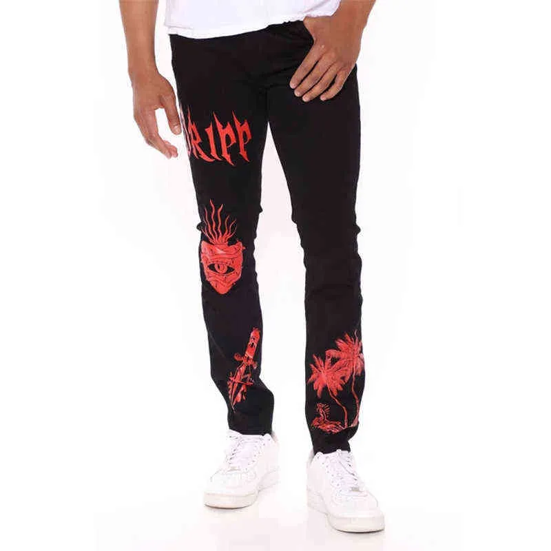 Мужчины черные промытые джинсы мода личности Biker тонкие джинсовые брюки ретро брюки череп печатный дизайн уличные джинсы 211220