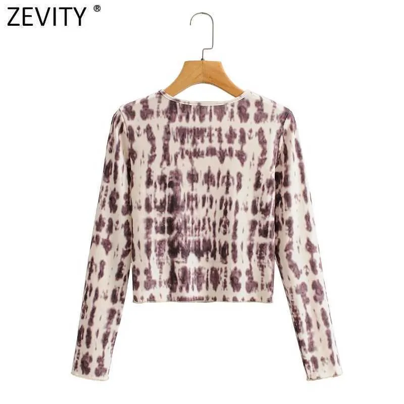 Zevity Women O Neck Long Sleeve Abstract Print Chic Camis Tank Ladies Knitted Slim Short T-shirt Casual Crop Tops LS7647 210603