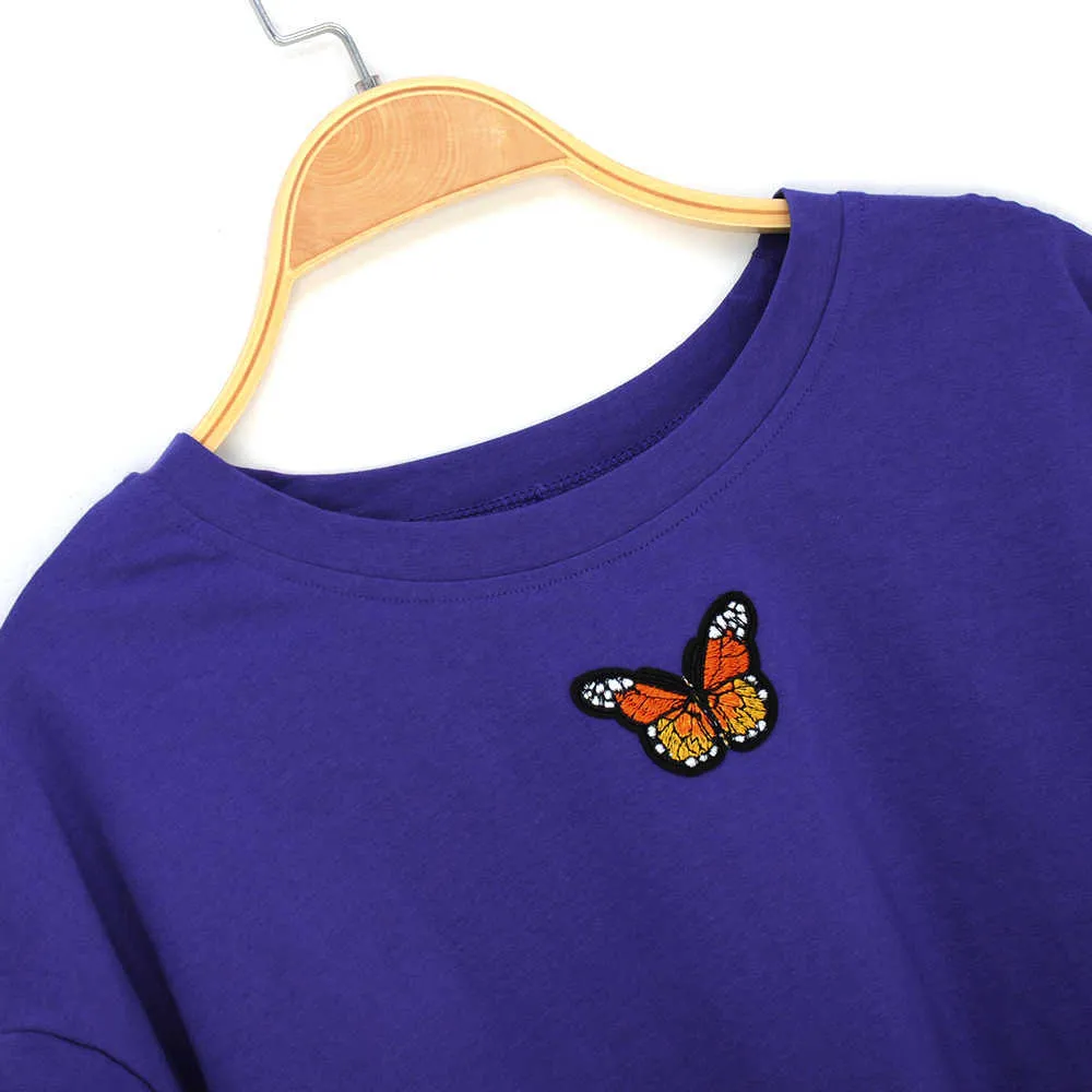 Women Crops Tees Top Butterfly Embroidery Loose Short T Shirts Cute Young Style Tops Women Solid Ladies Tank Shirts Clothes 210702