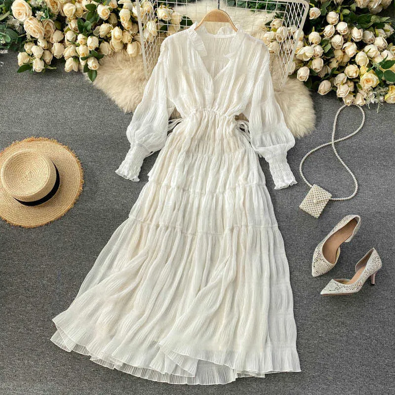 Bohème vacances robe printemps mode femmes col en v cordon taille à manches longues couleur unie élégant Vestidos R037 210527
