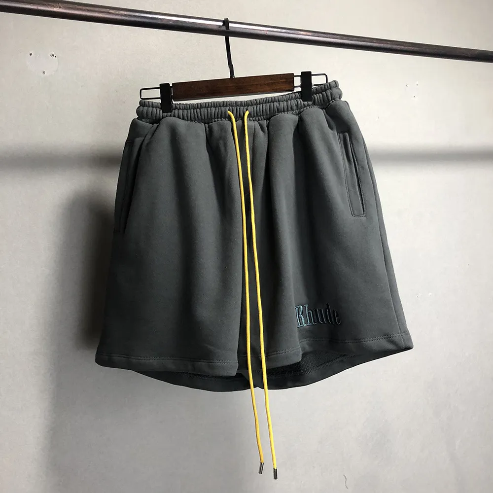 Pantaloncini da ricamo Rhude Uomo Donna 1: 1 Vintage di alta qualità Grigio opaco Rhude Coulisse all'interno Etichetta etichetta BreechesXEHM