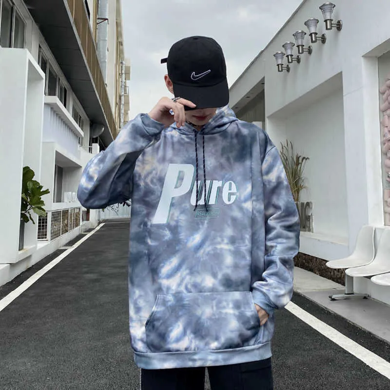 Automne Hiver Tie-Dye Hommes Capuche Oversize Pull Top Couple Vêtements Plus Velours Unisexe Streetwear Style Coréen Casual Sweats à capuche 210813