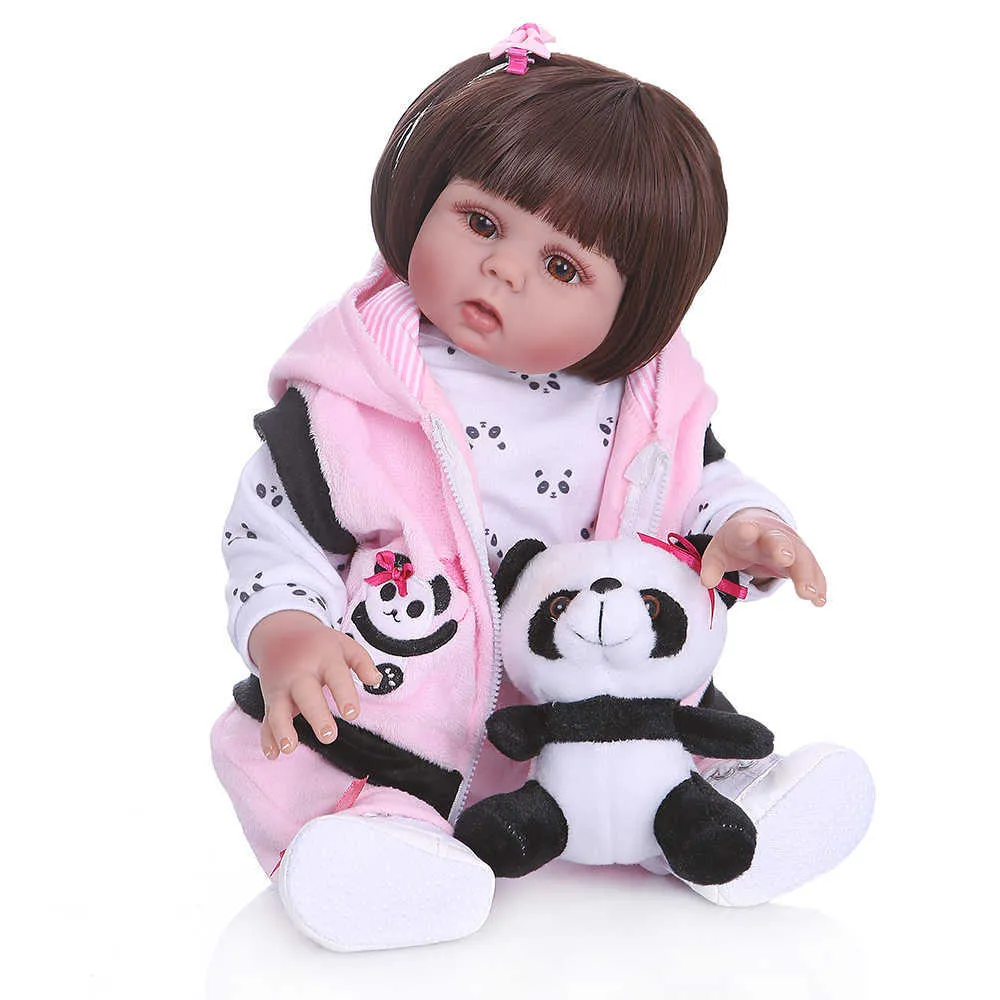 NPK 48CM bebe doll reborn toddler girl in panda dress full body soft silicone realistic baby bath toy Anatomically Correct Q0910