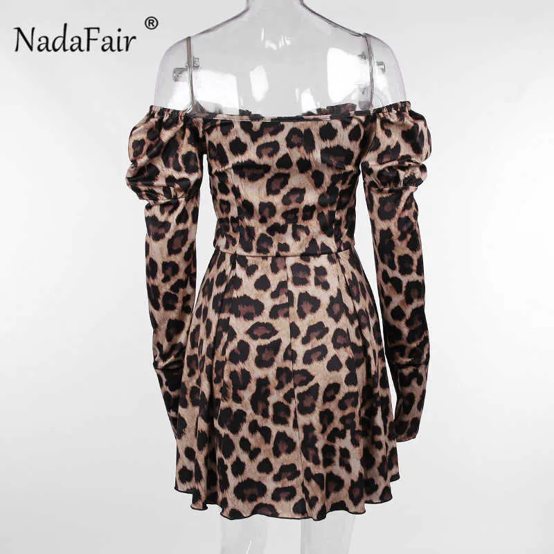 Nadafair Leopard Puff Sleeve Mini Off Shoulder Sexy Women Dress Long Sleeve Autumn Pleated Animal Print Vintage Party Dress Y1006