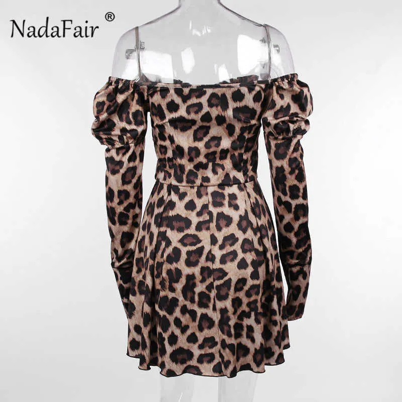 Nadafair Leopard 퍼프 슬리브 미니 오프 어깨 섹시한 여성 드레스 긴 소매 가을 주름진 동물 인쇄 빈티지 파티 드레스 Y1006