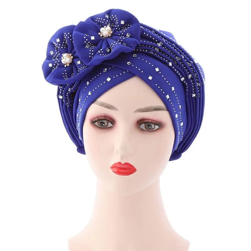 Beanie / Skull Caps Women African Headtie Glänsande hudvänlig Rhinestone Knot Headwrap för Fashion Hijab 2021