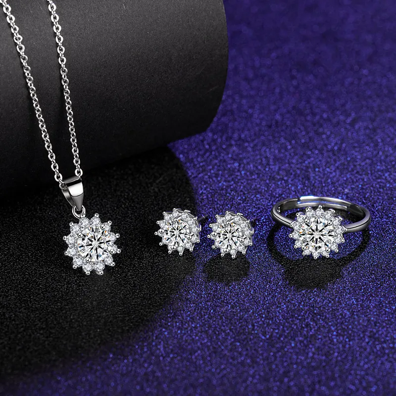 Joyería Sun flor forma traje Stud 925 plata esterlina moda lujo pendientes colgante collar mujeres anillos con caja de regalo