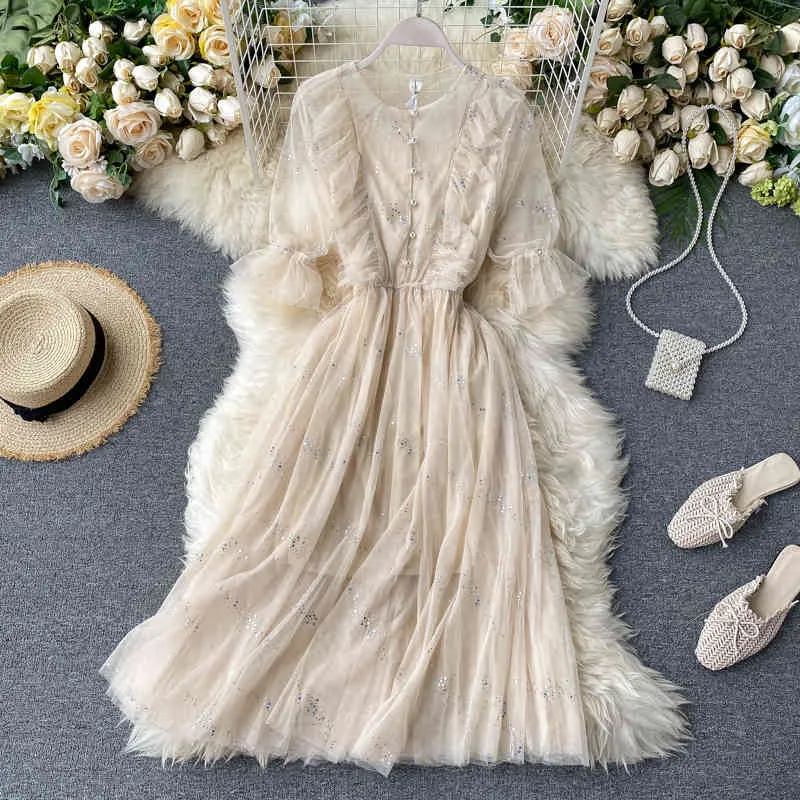 コロバフシックな甘いスパンコールメッシュのドレスのファッションoネックボタンハイウエスト女性ドレスパーティーナイトAラインローブフェムメ210430