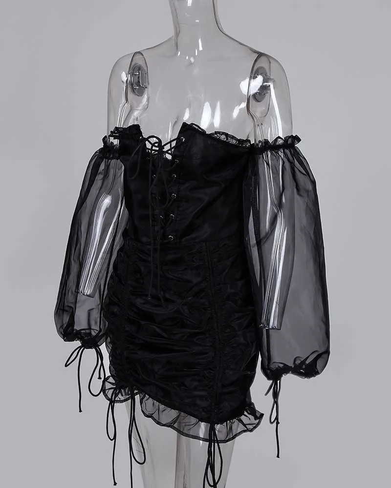Maille à lacets cordon conception robe froncée femmes bandage moulante mini robes de soirée robes de fiesta 210719