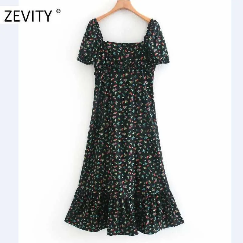 Zevity Kobiety Vintage Kwiat Drukuj Split Midi Sukienka Kobiet Puff Rękaw Płaski Dorywczo Slim Vestidos Chic Party Dresses DS4196 210603