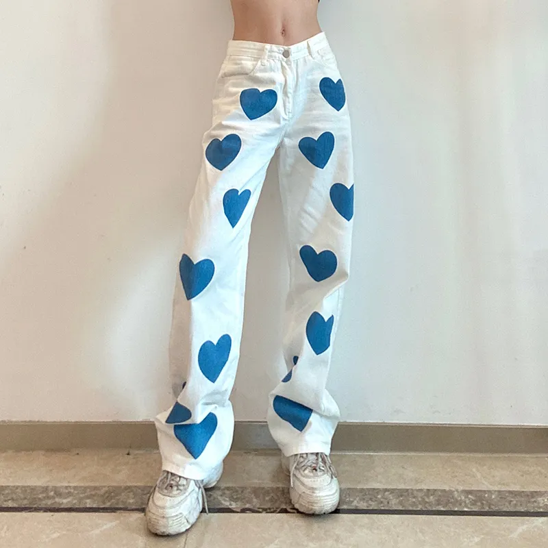 Coeur imprimé surdimensionné droit Y2k Denim pantalon blanc taille haute femmes mode maman jean pour filles pantalon femme 210510