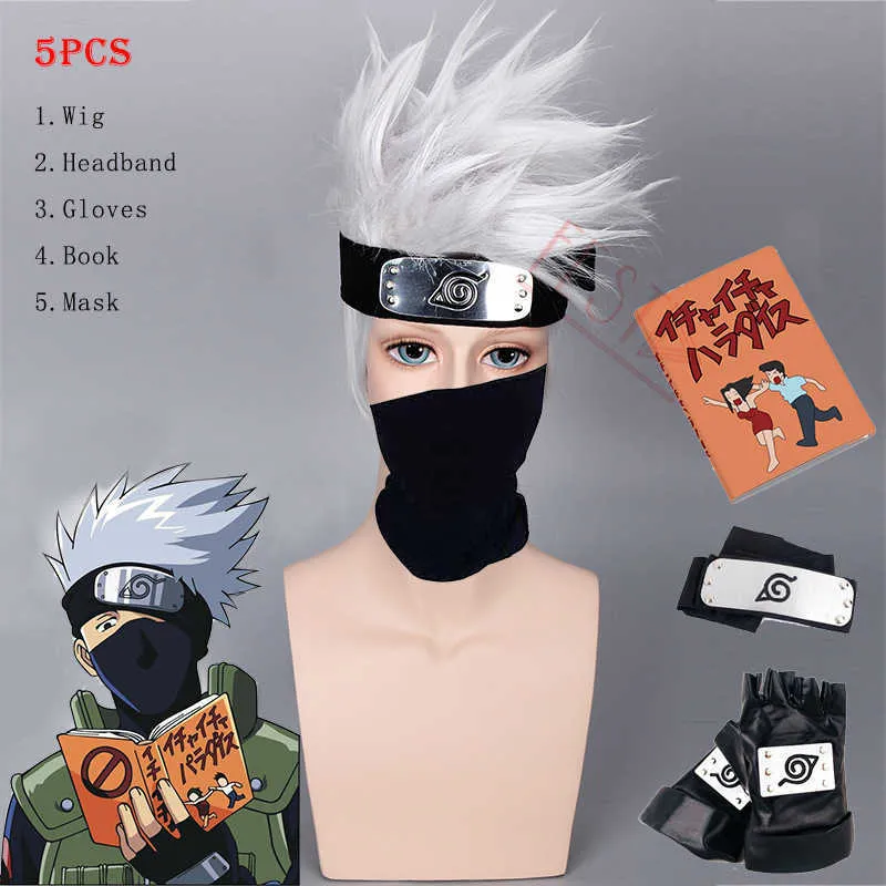 Anime Boruto Rôle Hatake Kakashi Cosplay Perruque Bandeau PU Gants Livre Sixième Yondaime Fibre Résistante À La Chaleur Cheveux + Cap Gratuit Y0913