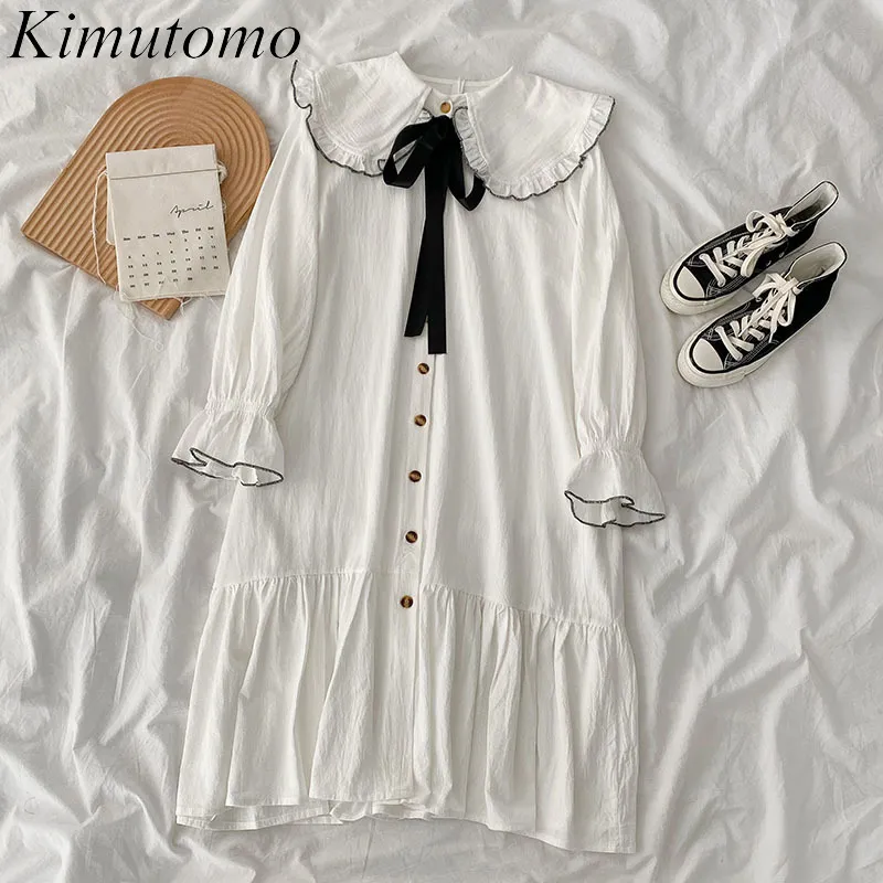 Kimutomo Elegant Solid Dresses Women Peter Pan Collar Bow Lace-up Flare Sleeve Single Breasted Vestido De Mujer Spring 210521