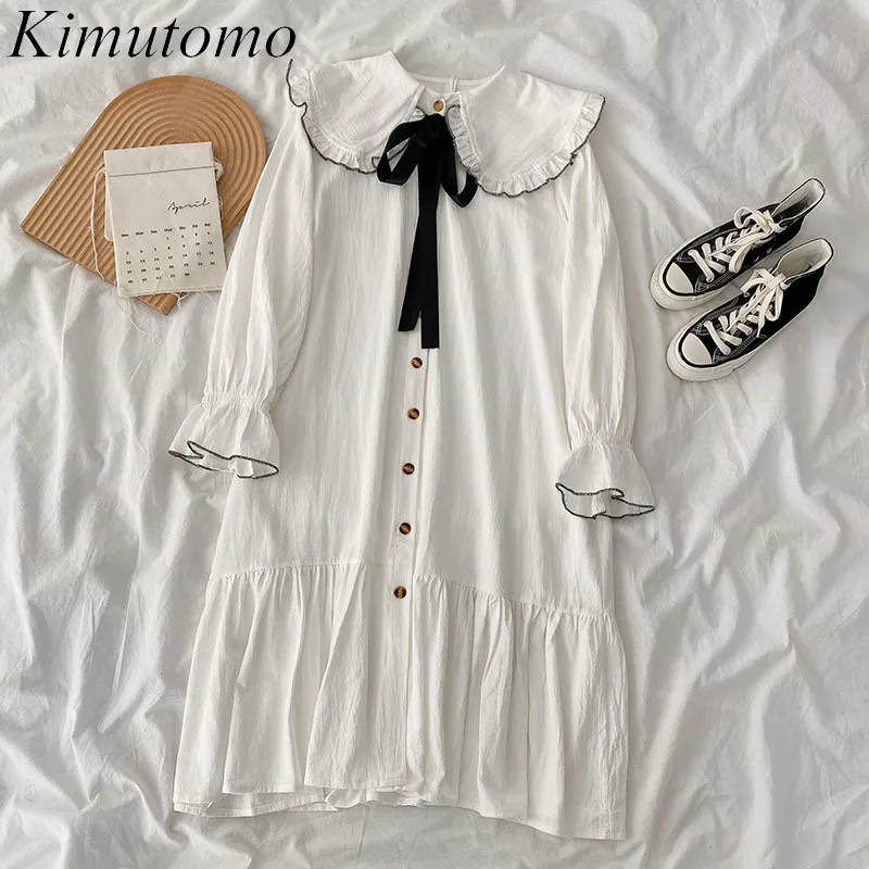 Kimutomo Elegant Solid Klänningar Kvinnor Peter Pan Collar Bow Lace-up Flare Sleeve Single Breasted Vestido de Mujer Spring 210521