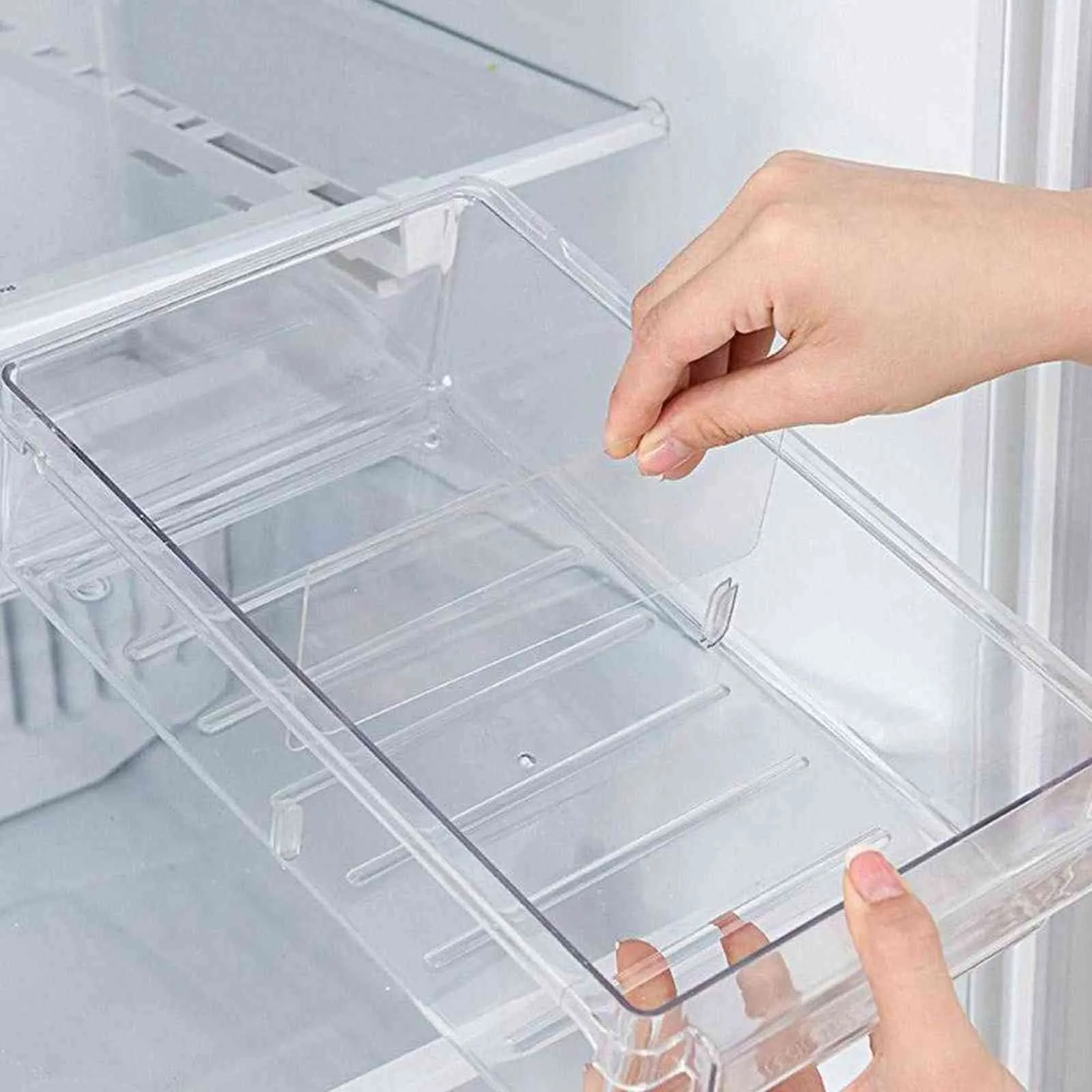 棚の引き出しボックスの下のプラスチッククリア冷蔵庫オーガナイザースライド箱ラックホルダーの冷蔵庫のキッチンフルーツ食品貯蔵庫40a 211112