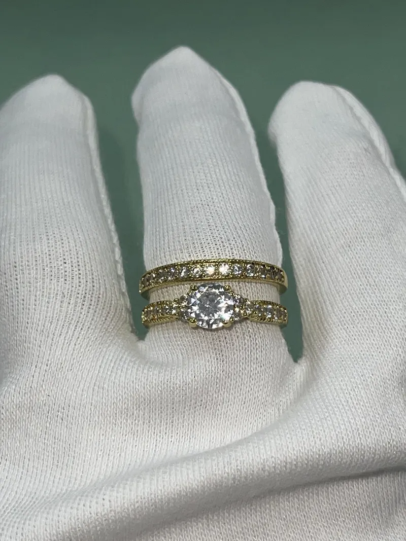 14K Yellow Gold 2.0 Carats Diamond Rings Sets for Women Luxury Engagement Bizuteria Anillos CZ Gemstone 925 Silver Wedding Bands