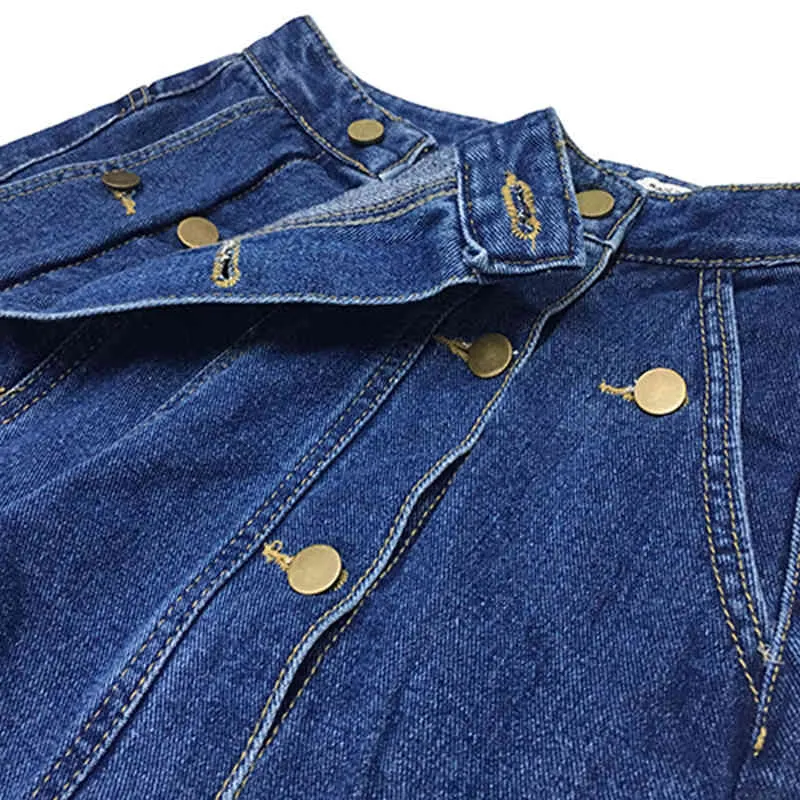 [Eam] Hög midja brett benblå lång slitsknapp jeans lös passform Kvinnor Byxor Mode vår höst 1dd6370 21512