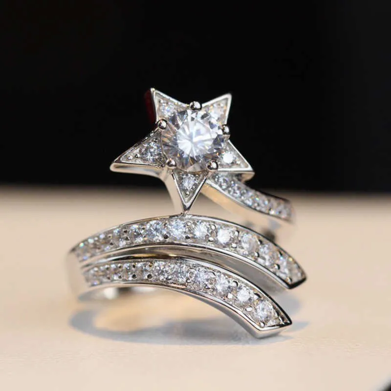 Marca pura 925 jóias de prata esterlina para mulheres anéis de estrela czdiamond anéis de casamento jóias noivado ramo anel de luxo