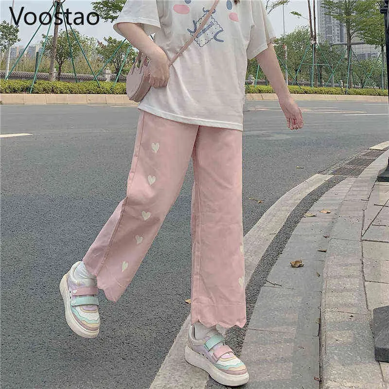 Pantalones de chándal lindos dulces japoneses estilo preppy mujeres amor corazón estampado Lolita pantalones de pierna ancha niñas Kawaii pantalones rectos sueltos Y211115
