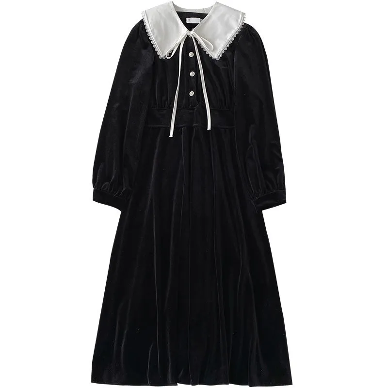 Kimutomo Casual Fashion Black Dress Women Retro Hepburn French Style Ladies Peter Pan Collar Slim Velvet Vestido Elegante 210521