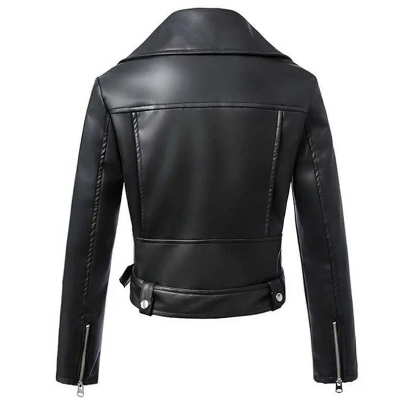 Ly Varey Lin Kvinnor Höst Faux Läderjacka PU Motorcykel Zipper Svart Basic Jackor Turndown Collar Biker Ytterkläder 210526