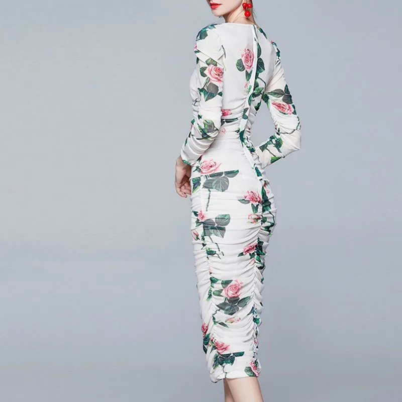 Diseñador vintage estilo pista rosa flor impresa delgada drapeada midi bodycon vestido media manga cuello cuadrado vestidos de fiesta 210421