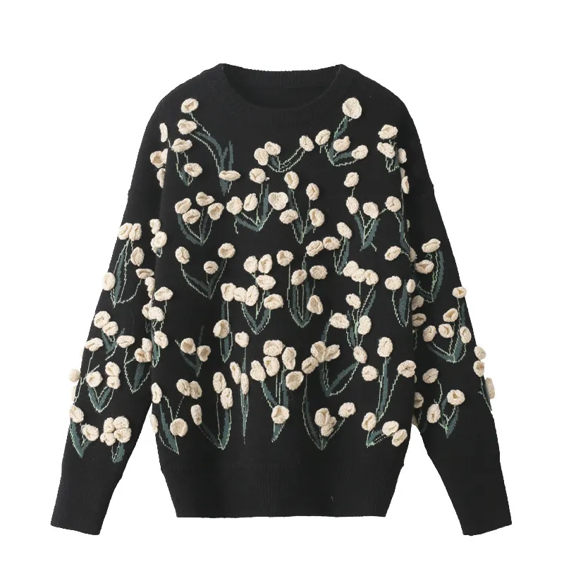 Qooted Oversized Tjock Vintertröja Kvinnor Hand Virka 3d Floral Tröjor Kvinnor Pullovers Jumpers Black Sweater Qt404 210518