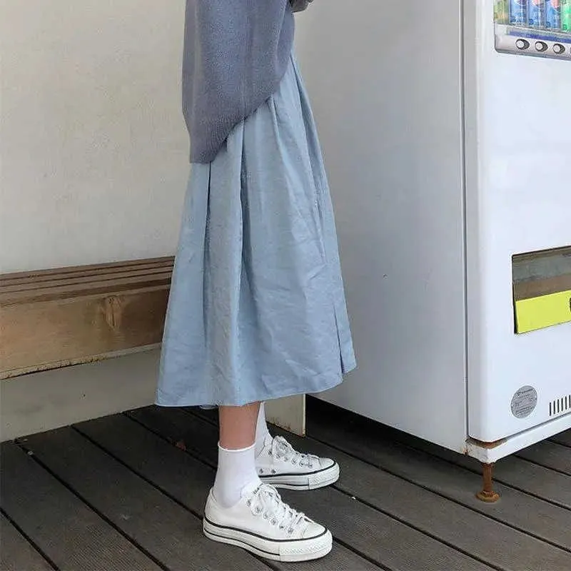 Printemps Et Été Long Haze Blue Jupes Femmes Taille Haute Harajuku Elelgant Skits Style Japonais Campus Jupes Longues 210619