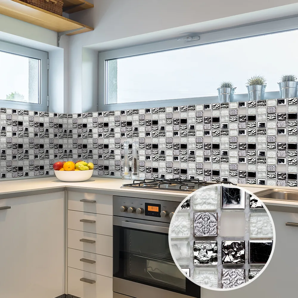 10 pièces plat Simulation mosaïque carreaux mur autocollant transferts 2D imprimé couvertures pour cuisine placard étanche papier peint