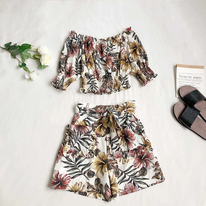 LY VAREY LIN Summer Women Bohemian Beach Style Two Piece Set Flowers Short Sleeve Tops+ High Waist Wide Leg Shorts 210526